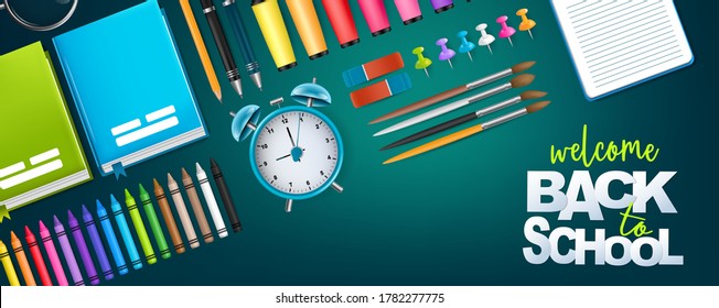 Back to School banner or header. Education stationery supplies for students and teachers on blue background. 3d realistic illustration. 
