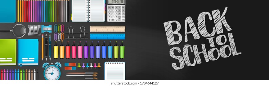 Back to School banner or header. Education stationery supplies for students and teachers on black background. 3d realistic illustration. 