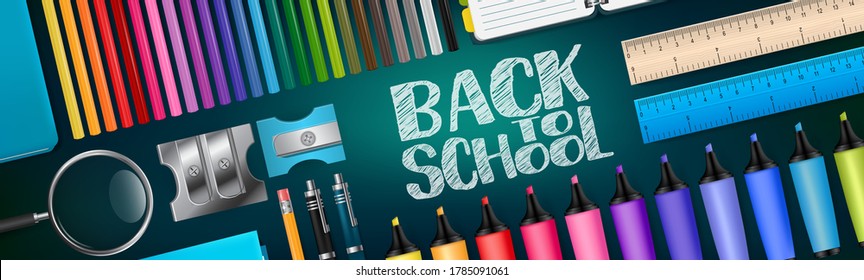 Back to School banner or header. Education stationery supplies for students and teachers on blue background. 3d realistic illustration. 