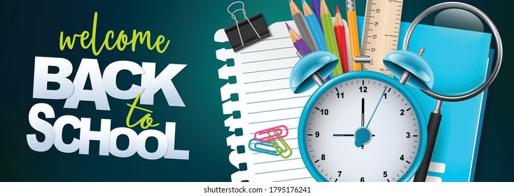 Back to school banner or header. Education design concept with college stationery supplies for students and teachers. Realistic 3d vector illustration.