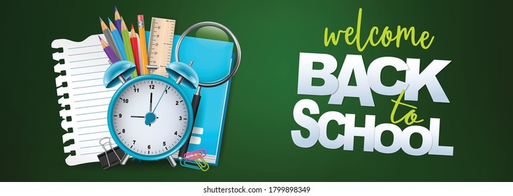 Back to school banner or header. Education design concept with college stationery supplies for students and teachers. Realistic 3d vector illustration.