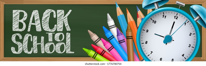 Back To School Banner Or Header. Green Chalkboard With Wooden Frame And Lettering, Alarm Clock And Pencils. 3d Realistic Vector Illustration.