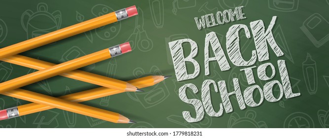 Back To School Banner Or Header. Green Chalkboard With Wooden Frame , Lettering, And Pencils. 3d Realistic Vector Illustration.