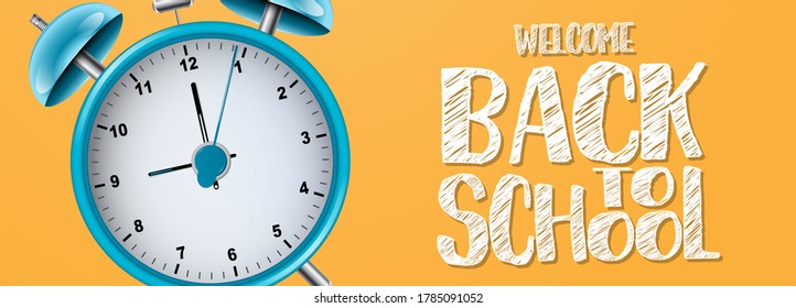 Back To School Banner Or Header. Green Chalkboard With Wooden Frame And Lettering, Alarm Clock. 3d Realistic Vector Illustration.