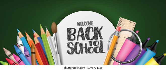 Back To School Banner Or Header. Stationery Supplies On Green Chalkboard Background With Lettering. Realistic 3d Vector Illustration.