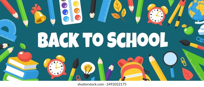 Back to school banner. Horizontal poster with school supplies and the inscription Back to school. Vector illustration.