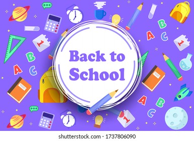 Back to School banner with icons of education, science objects and office supplies. Vector School background