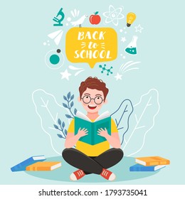 Back to school banner. Iittle boy reading book. Vector illustration EPS 10