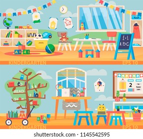 Back to school banner illustration. Kindergarten education interior. Preschool classroom with desk, chairs and toys. Learning and study place horizontal back banner. Children school vector background.