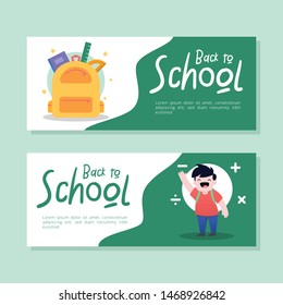 Back to school banner. Illustration student and bag with book and ruler. Two compositions with green and with background. Vector Illustration.
