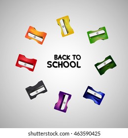 Back to school banner.
Image of color sharpeners. Back to school text. Vector illustration.