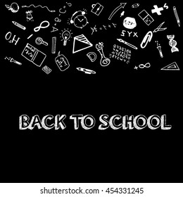Back to School banner isolated on black background with doodle elements. Vector illustration.