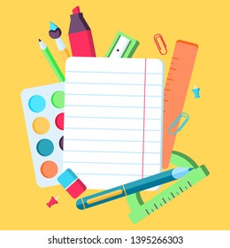 Back to School banner with School Items in a Background. Editable Vector Illustration. school supplies set. Empty Piece of paper, pens, brush, ruler, watercolor, marker. Office and student objects set