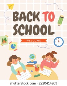 Back to school banner with school items. Kids studying from home, colorful flat style vector illustration.
