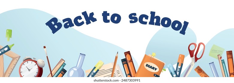 volver al Anuncio escolar. artículos escolares, juego de papelería. marcadores, lápices, tijeras, cuadernos, marcadores, iluminadores, diario, despertador. ilustración para Anuncio publicitario, venta. preparación para la escuela