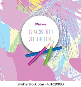 Back to school banner. Kids ar lab painted background with colorful pencils and blob with copyspace