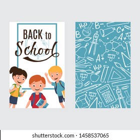 Back to school banner with kids and pattern education, science objects and school supplies, vector illustration. Background with blue line icons and doodles and happy children.