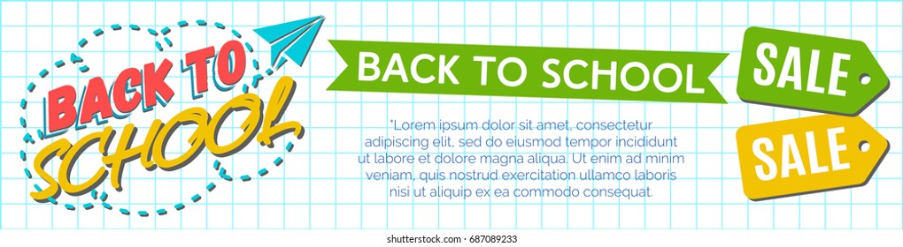 Back to school banner with label with of paper plane on checkered background. Vector Illustration