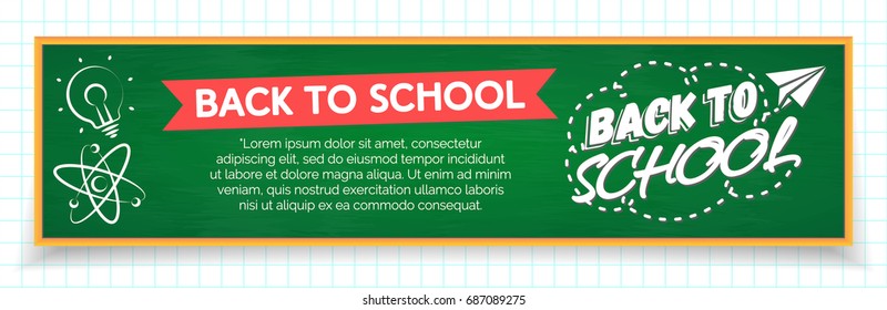 Back to school banner with label and school supplies such us lightbulb and science on green chalkboard isolated on checkered background. Vector Illustration