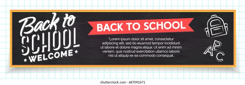 Back to school banner with label and school supplies such us backpack and alphabet on black chalkboard isolated on checkered background. Vector Illustration