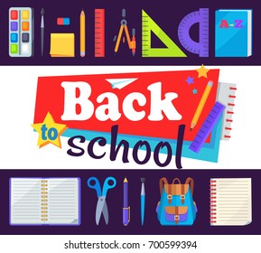 Back to school banner with learning accessories as bags, pens and pencils, different rulers, clock and compass divider vector illustration sticker