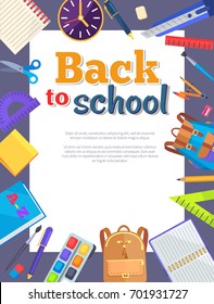 Back to school banner with learning accessories as bags, pens and pencils, different rulers, clock and compass divider vector illustrations with place for text
