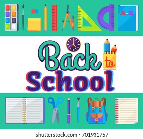 Back to school banner with learning accessories as bags, pens and pencils, different rulers, clock and compass divider vector illustration sticker