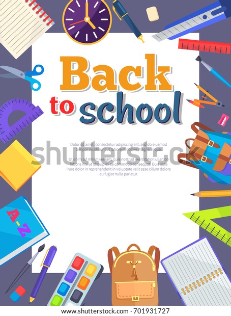 Back to school banner\
with learning accessories as bags, pens and pencils, different\
rulers, clock and compass divider vector illustrations with place\
for text