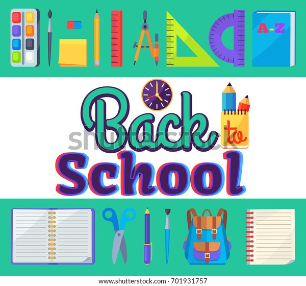 Back to school banner with learning\
accessories as bags, pens and pencils, different rulers, clock and\
compass divider vector illustration\
sticker