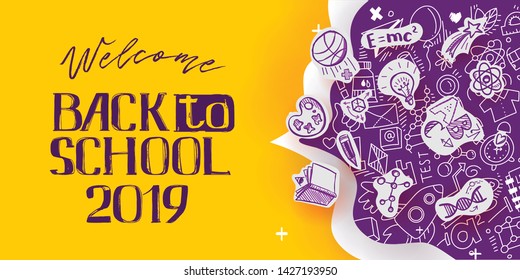 Back to School banner with line art icons of education, science objects on paper art cut out icons. Vector hand drawn doodle style illustration. hand lettering symbol of education