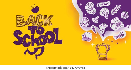 Back to School banner with line art icons of education, science objects on paper art cut out icons. Vector hand drawn doodle style illustration. hand lettering symbol of education with ink drawn legs