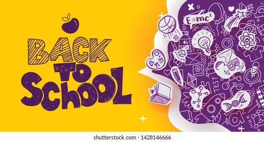 Back to School banner with line art icons of education, science objects on paper art cut out icons. Vector hand drawn doodle illustration. Apple symbol of educationб hand lettering and ink drawings