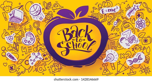 Back to School banner with line art icons of education, science objects on paper art cut out icons. Vector hand drawn doodle style illustration. Apple as symbol of education and ink drawings