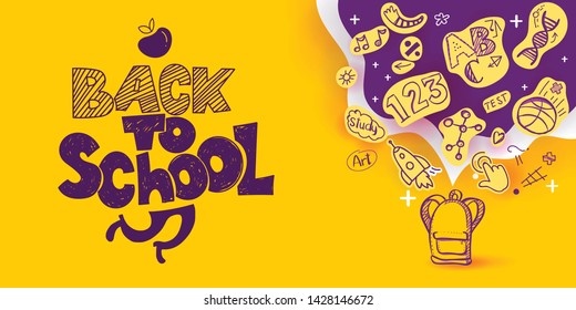 Back to School banner with line art icons of education, science objects on paper art cut out icons. Vector hand drawn doodle style illustration. Apple as symbol of education and ink drawings