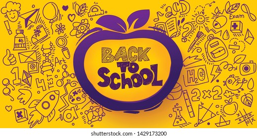 Back to School banner with line art icons of education, science icons. Vector hand drawn doodle style illustration. Apple as symbol of education and ink drawings