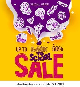 Back to School banner with line art icons of education, science objects on paper art cut out icons. Vector hand drawn doodle illustration. Apple symbol of education hand lettering and ink drawings