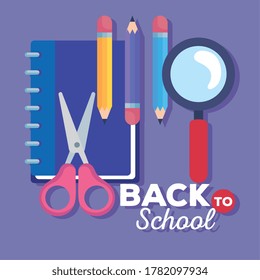 back to school banner with magnifying glass and supplies education vector illustration design