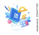 Back to school banner with math or geometry textbook, ruller, calculator, digits, glasses 3d cartoon illustration. Vector concept for website, banner or presentation
