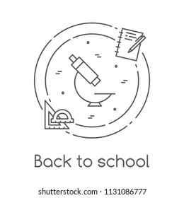 Back to school banner with microscope and notebook with rulers in line art isolated on white background - editable element of studying equipment in outline vector illustration.