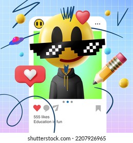 Zurück zu Schulbanner und mobile Anwendung mit Emoji Lächeln Gesicht in Sonnenbrillen und sozialen Medien Symbole. Online-Bildung, digitales Lernen. Vektorbild