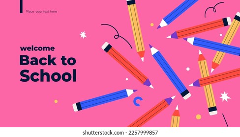 Back to school banner. Multicolor pencils on pink background. Flat design for discount labels, flyers and shopping, vector illustration