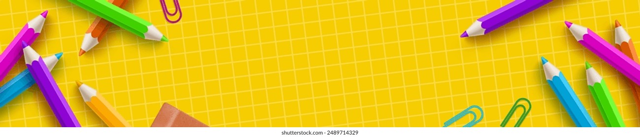 Anuncio de vuelta a la escuela con lápiz multicolor sobre una hoja de cuadros amarillos. Ilustración vectorial.