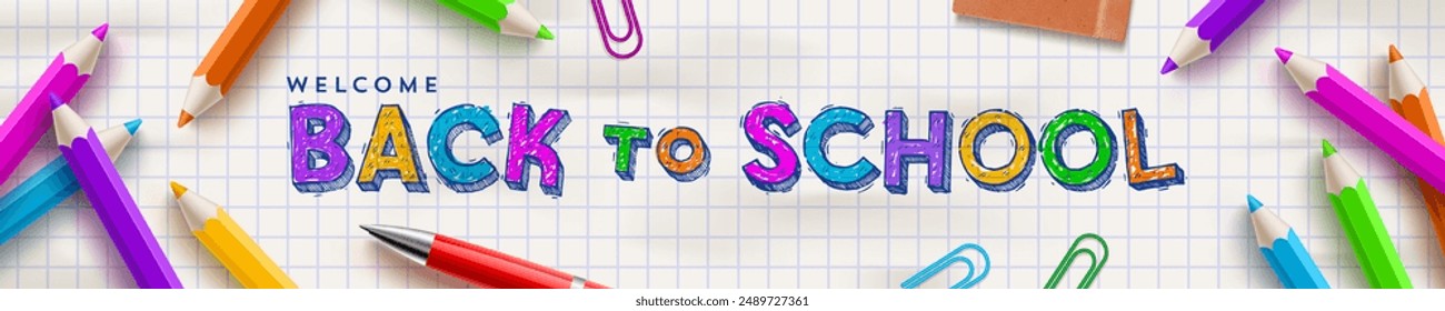 Zurück zum Banner in der Schule mit mehrfarbigem Bleistift und handgezeichnetem Schriftdesign. Vektorillustration.