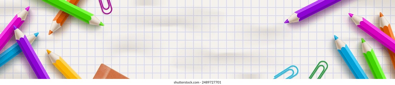 Back to school banner with multicolored pencil on a checkered sheet. Vector illustration.