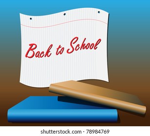 Back to school banner of notebook paper with books in foreground EPS10