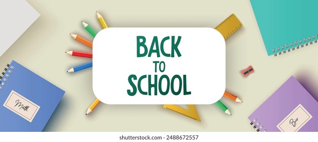 Back to School banner with notebooks, ruler, crayons, papers, education elements. Vector illustration template for school, education, greeting card, cover, background, learning and teaching 