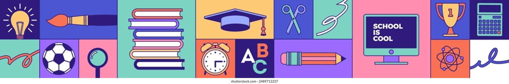 Back to school banner with school object, supplies and stationery. Vector illustration.