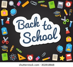 Back to school banner on lined notebook paper surrounded by colorful learning symbols.