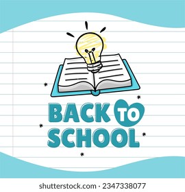 Back to school banner on a notebook sheet with a drawing of a book and a lamp