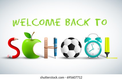 Back to school banner on white background in green color headline and with school accessories vector illustration